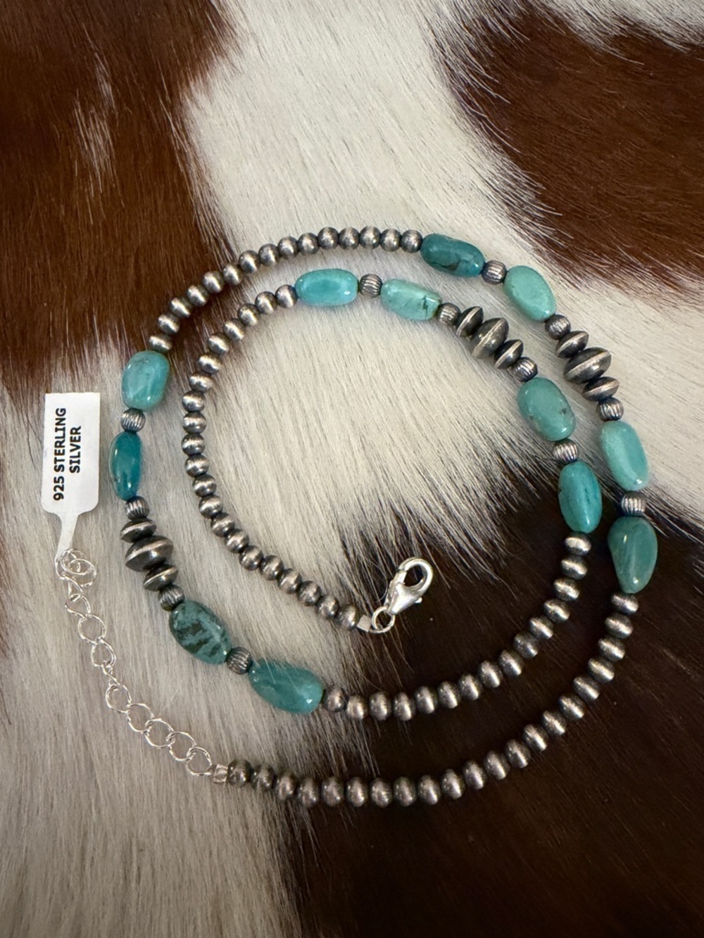 ❤️18+2” Desert Pearls, Fluted Beads, 6mm 8mm Saucers Turquoise Sterling Necklace